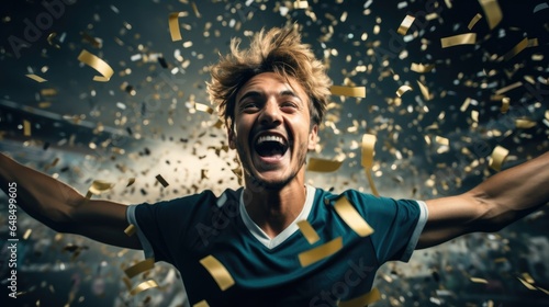 Happy male football sport player celebrating winning with confetti falling, Sports game and celebrating.