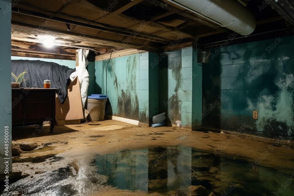In-progress underwater basement with moldy wall. Generative AI - obrazy, fototapety, plakaty 