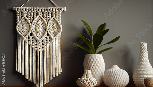  Creative hobby handmade macrame for home decoration with white and minimalist background, Ai generated image  photo
