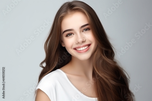 a beautiful young Asian Indian model woman smiling with clean teeth. used for a dental ad. isolated on white background 