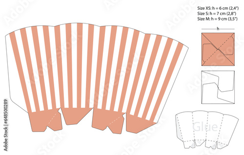 Classic popcorn box die cut template with vertical stripes isolated on white background. Vector