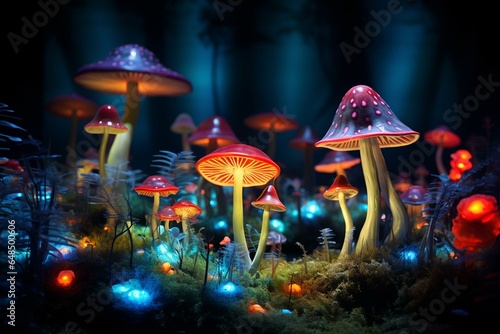 Colorful mushrooms in green field illuminated by projections and potions. Generative AI