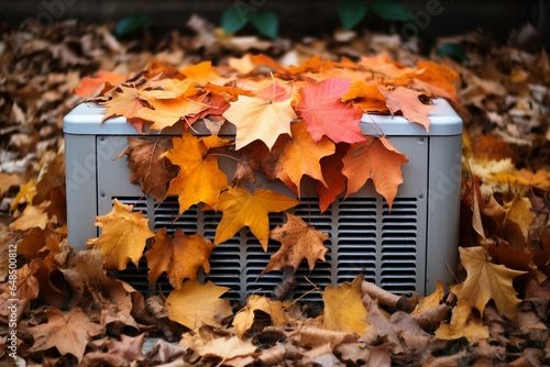 Autumnal leaves on AC unit cover, requiring cleaning and maintenance for HVAC system. Generative AI