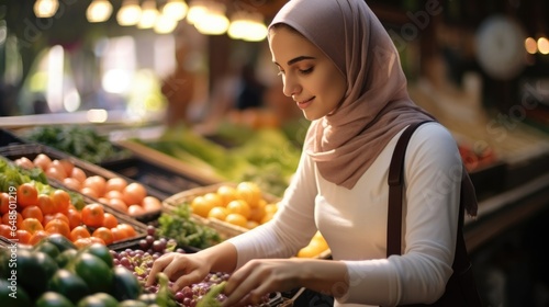Muslim woman sorting fruits in supermarket.