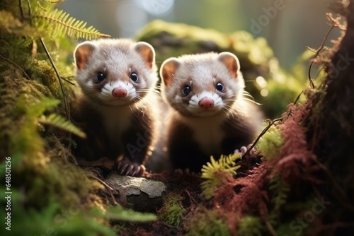 Two adorable ferrets in a dense evergreen woodland. Generative AI