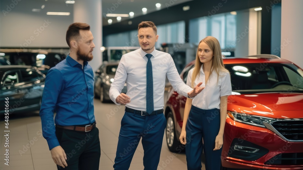 A salesman introduces a new sports car to a customer in car dealership showroom.