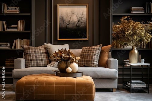 stylish and luxurious living space adorned with elegant decor elements, including a brown velvet pouf, pillows, tartan, sculpture, plants, and personal items. Contemporary design and. Generative AI