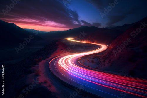 Car moving fast in a curved road trail photo