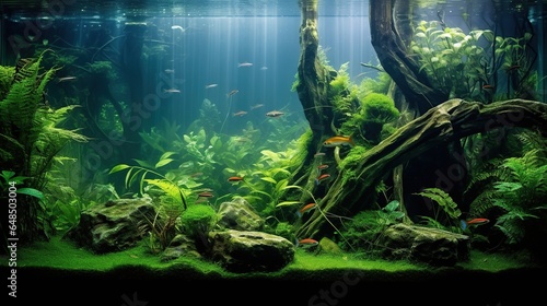 Beautiful green aquascape with live aquarium plants and fish photo