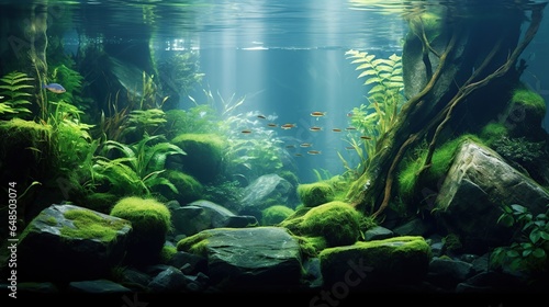 Beautiful green aquascape with live aquarium plants and fish