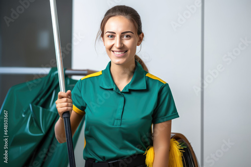 Beautiful Young European Woman Janitor . Сoncept Overcoming Barriers In The Workplace, The Power Of Determination, Standing Out In Your Career, European Janitorial Professionals