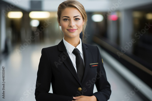 Beautiful Young European Woman Flight Attendant. Сoncept Young European Flight Attendant Beauty, European Flight Attendant Lifestyle, Female Air Travel Experiences, Airline Industry Modernization