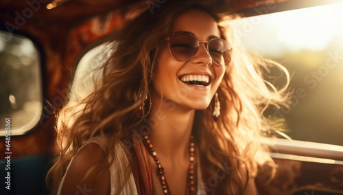 stylish glamour female woman traveller summer dress sit relax in car open window or convertible sunroof wind hair blow casual happiness carefree relax leisure nature scenery admire travel concept © VERTEX SPACE