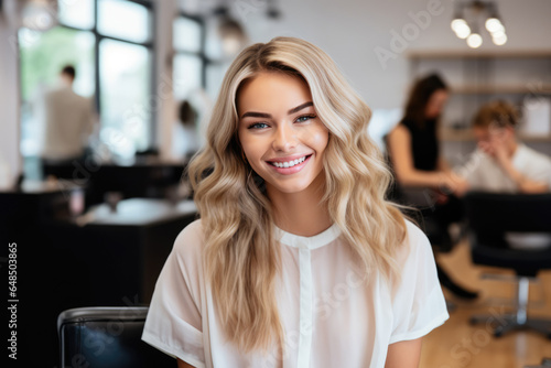 Beautiful Young European Woman Hair Stylist. Сoncept Professional Hair Styling On Different Hair Types, Creating The Perfect Haircut For A Womans Face Shape