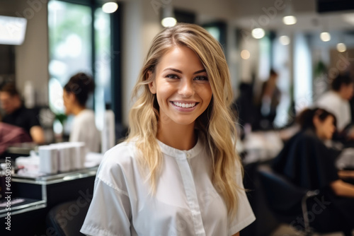 Beautiful Young European Woman Hair Stylist . Сoncept Hair Styling Tips For European Women, Business Opportunities For Young Professionals, Success Secrets Of Youth Experts