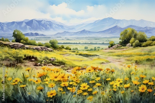 Watercolor landscape showing distant gray mountains and a blooming meadow full of yellow and blue wildflowers. Generative AI