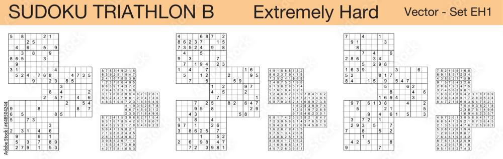 A set of 3 extremely hard scalable sudoku triathlon B puzzles suitable for kids, adults and seniors and ready for web use, or to be compiled into a standard or large print activity book. A set of 3 extremely hard scalable sudoku triathlon B puzzles suitable for kids, adults and seniors and ready for web use, or to be compiled into a standard or large print activity book.