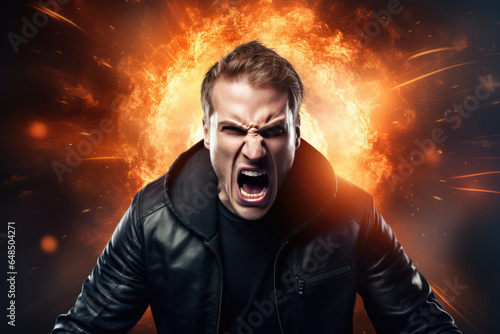 Anger European Man In Black Jacket On Galaxy Stars Background. Сoncept Anger Management, Fashion Black Jacket, The Milky Way Galaxy, Backgrounds And Textures photo