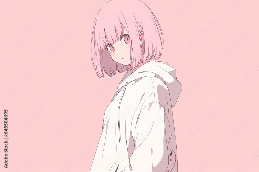 Anime Boy With Pink Hair On Beige Background Anime Boy With Pink Hair On Beige Background