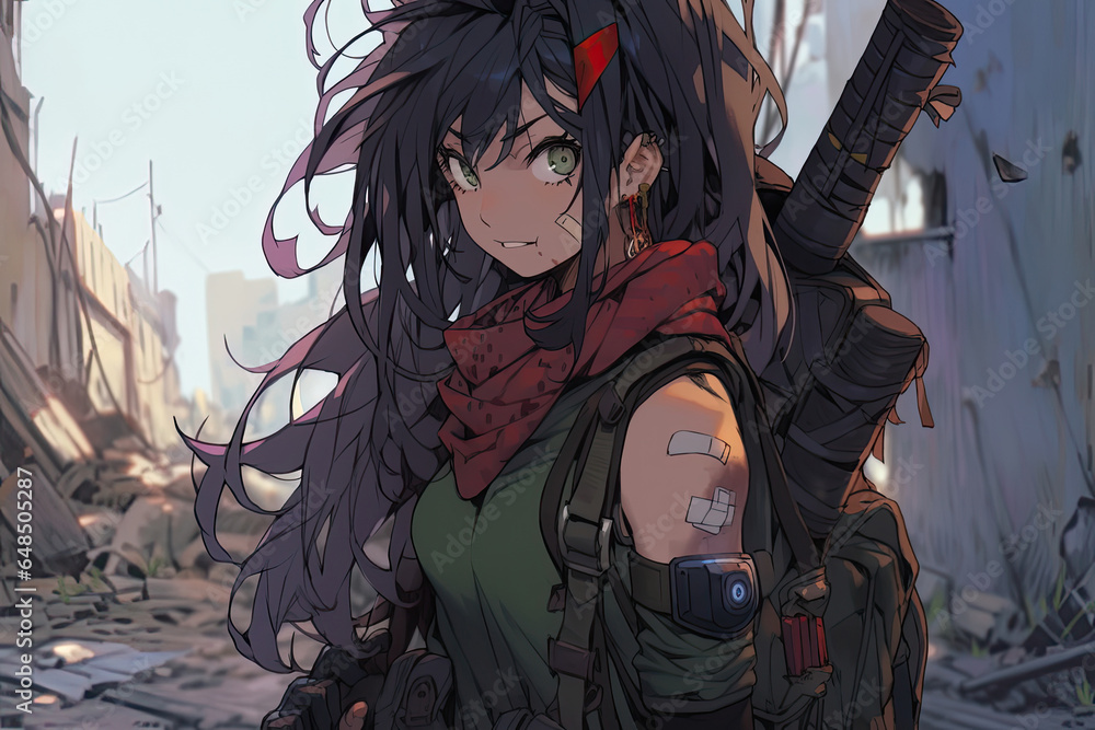 Obraz premium Postapocalyptic Survivor Anime Girl With Makeshift Weaponry