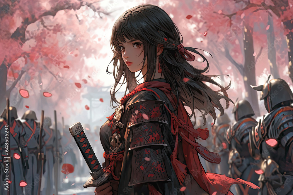 Samurai Anime Girl Defending A Serene Cherry Blossom Grove