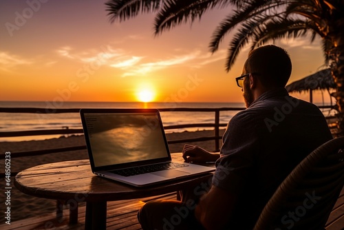 The silhouette of a person works on their laptop outdoors on the beach during the golden hour, viewed from behind.
