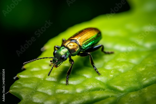 A small insect perched on a green leaf. Generative AI © Edward