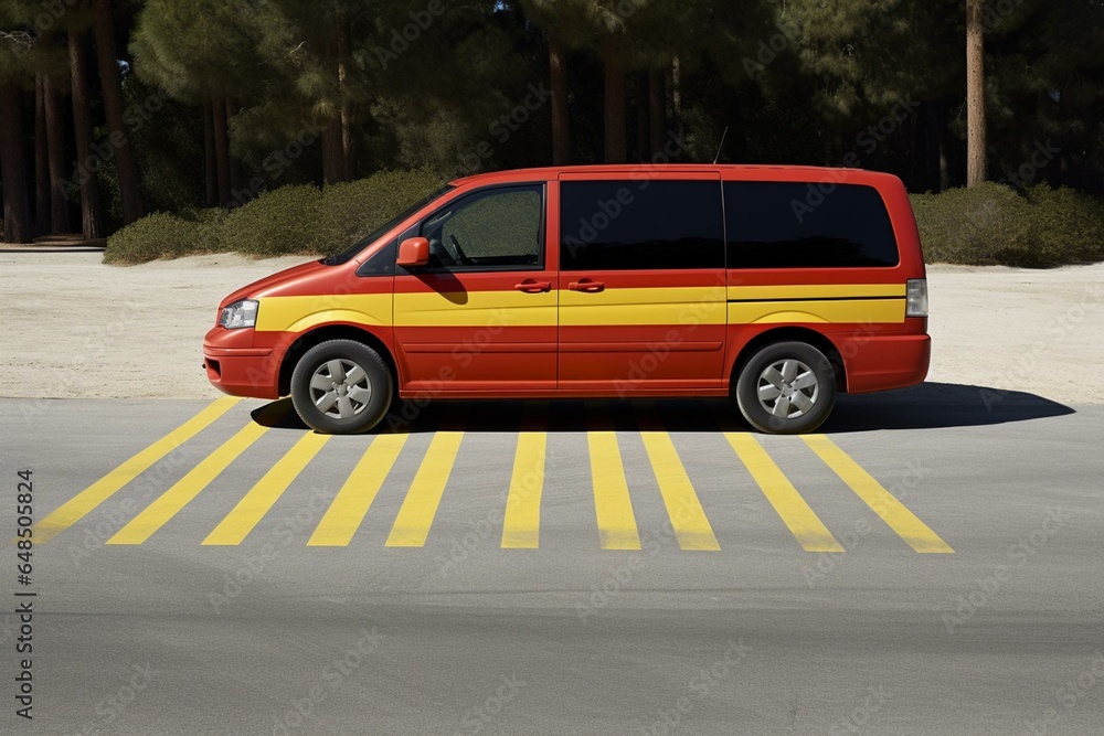 Red minivan approaches yellow and black striped speed bump in parking lot with diagonal striped spaces, trees in background, mid-day. Generative AI