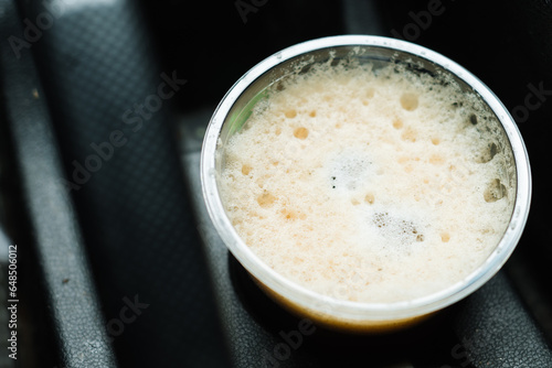 Pattern of vinCoffee cup from top, amazing modern style of coffee serving in cartage rattan chair seat , texture of bamboo