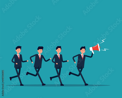 Leader running and shouting with megaphone with a group of follower behind. Marketing vector style