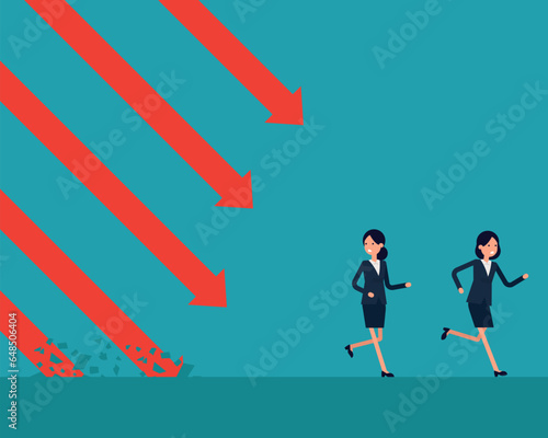 Team fleeing a falling arrows. Vector business crisis concept