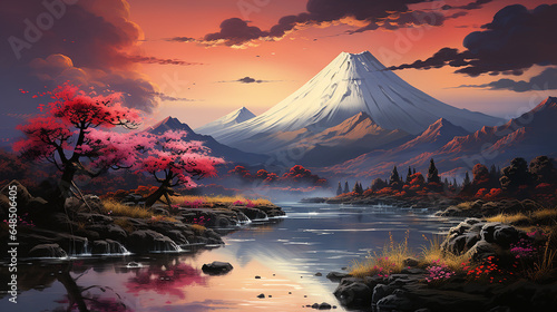 綺麗な秋の富士山、水彩画、Beautiful autumn Mt. Fuji, watercolor painting(AI) © Rossi0917
