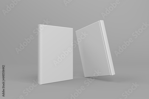 Realistic 3D book mockup illustration with 2 hard covers. Book model standing upright on isolated gray background with shadow. 2 hardcover books. Ready for you to present your design.