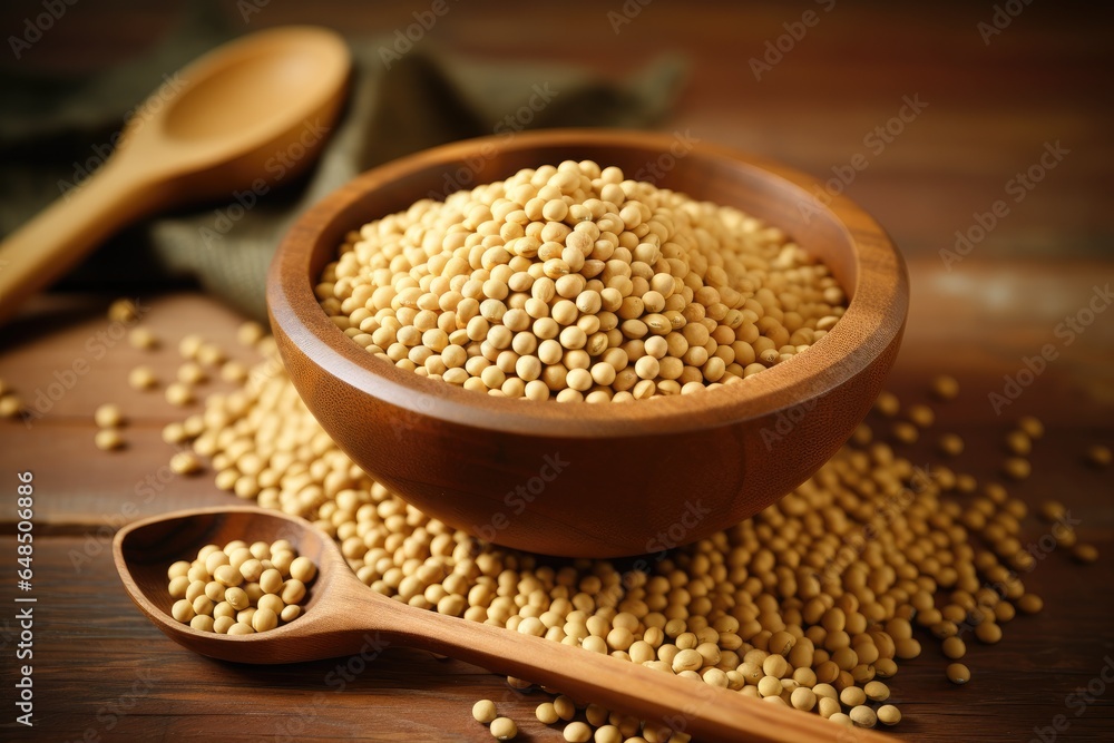 Soybeans in wooden bowl with wooden spoon on table wooden. Soybeans in wooden bowl with wooden spoon on table wooden.