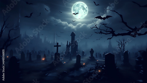 Graveyard with a full moon night, clouds and bats flying over tombstones, spooky cemetery scene illustration, halloween theme
