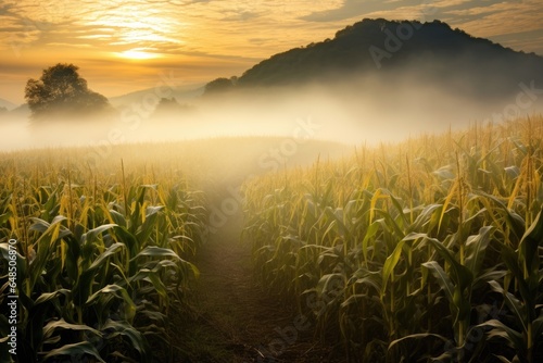 Corn field in morning mist.