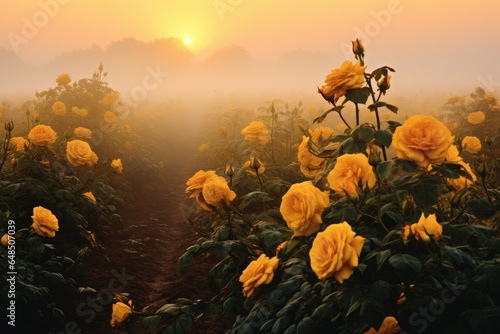 Yellow roses field in morning mist.