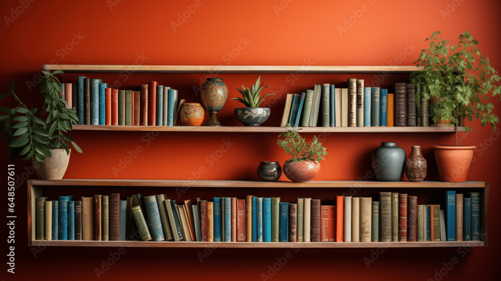 background image: an empty bookshelf. behind it is a warm-toned wall. it looks expensive and has depth of field