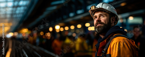 Portrait engineer under inspection and checking construction process railway switch and checking work on railroad station .Engineer wearing safety uniform and safety helmet in work.   © Александр Марченко