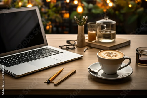 Simple workspace with laptop, coffee, and notebook