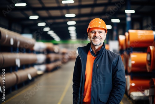 Smiling male managing director standing with hands in pockets in the warehouse.