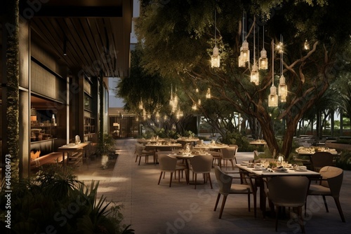 Contemporary upscale eatery in an al fresco ambiance. Generative AI © Ananya