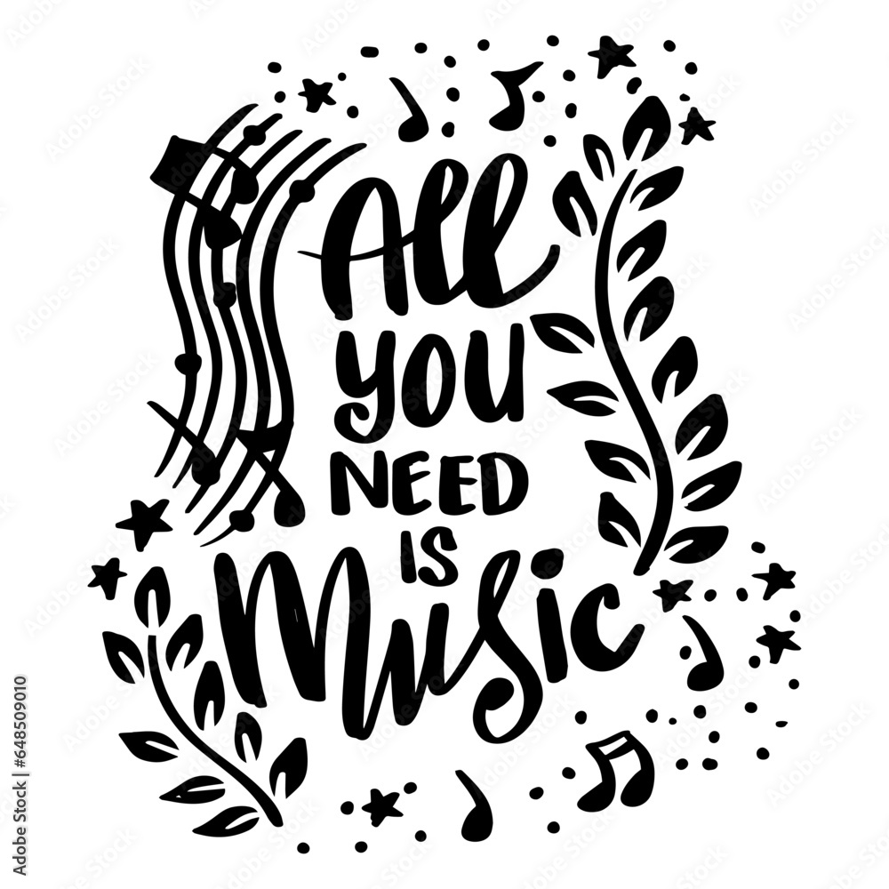 All you need music, hand lettering. Poster motivational quote. All you need music, hand lettering. Poster motivational quote.