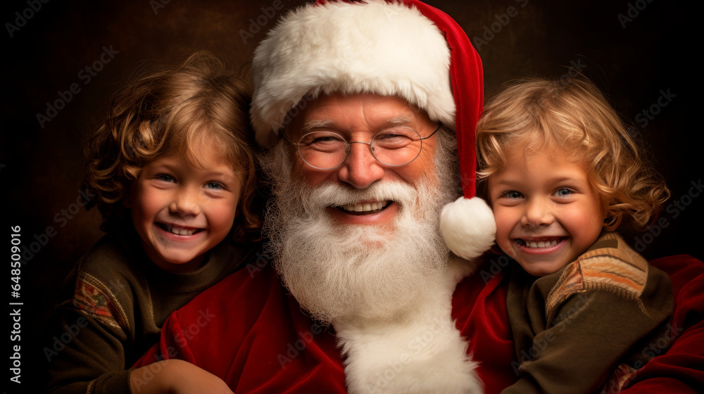 studio portrait smiling santa clause with two happy kids studio portrait smiling santa clause with two happy kids
