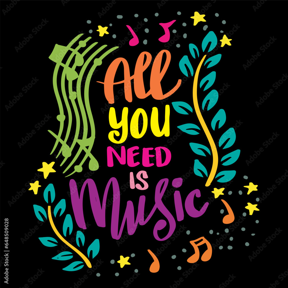 All you need music, hand lettering. Poster motivational quote.