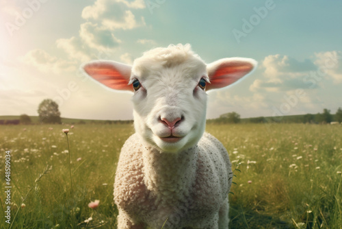 meadow wool sheep animal sun field lamb farm green grass. Generative AI.