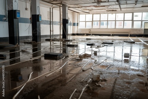 damaged floor with water extraction equipment. Generative AI