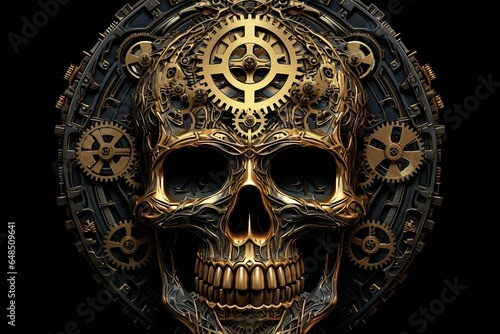 Detailed steampunk skull with gears, against a dark backdrop. Generative AI