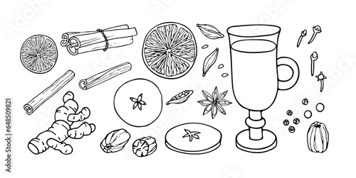 Christmas alcoholic drinking. Mulled wine ingredients set. Fruit mulled wine recipe. Doodle Outline vector illustration. Hot winter drink recipe. Organic product sketch. Flavor cooking ingredient
