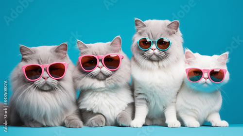 Four White Cats wearing pink and teal Sunglasses- Studio Cat Group Photo 